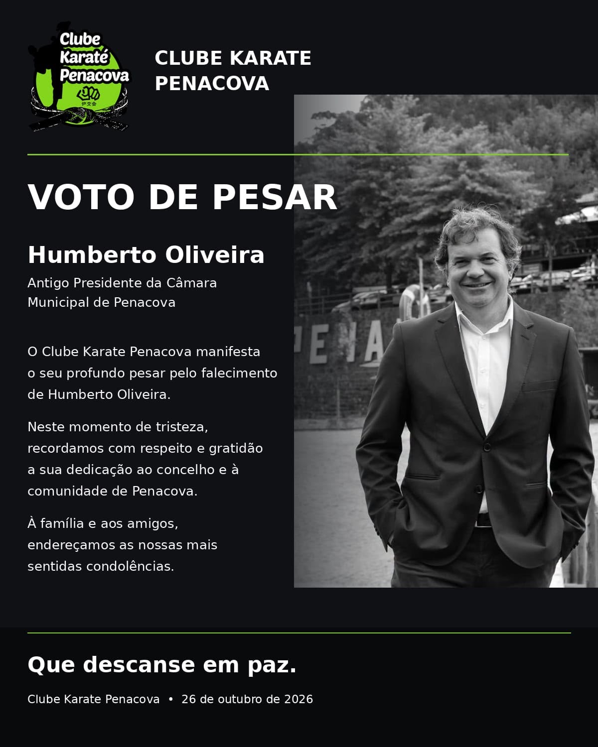 Voto de pesar do Clube Karate Penacova pelo falecimento de Humberto Oliveira